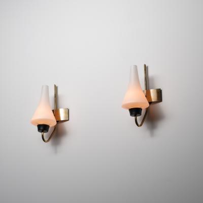 Pair of 1950s Italian Wall Sconces in Brass with Sculpted Opaline Glass Shades