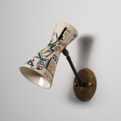 Pair of 1950s Italian Wall Sconces with Painted Ceramic Shades Amatanti