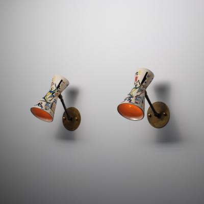 Pair of 1950s Italian Wall Sconces with Painted Ceramic Shades Amatanti