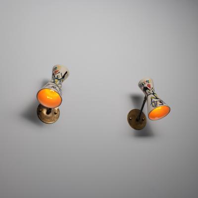 Pair of 1950s Italian Wall Sconces with Painted Ceramic Shades Amatanti