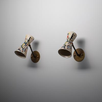 Pair of 1950s Italian Wall Sconces with Painted Ceramic Shades Amatanti