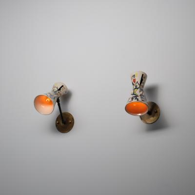 Pair of 1950s Italian Wall Sconces with Painted Ceramic Shades Amatanti