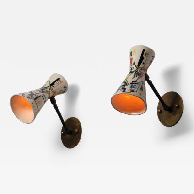 Pair of 1950s Italian Wall Sconces with Painted Ceramic Shades Amatanti