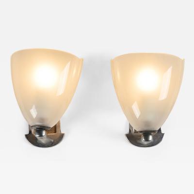 Pair of 1950s Italian palest opaque pink Murano glass and chrome wall lights