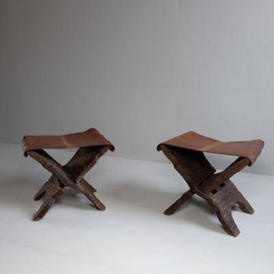 Pair of 1950s Riven Timber Campaign Stools with Leather Seats France