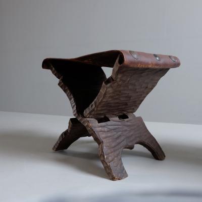 Pair of 1950s Riven Timber Campaign Stools with Leather Seats France