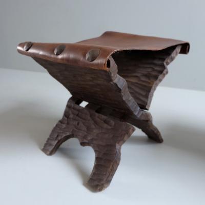 Pair of 1950s Riven Timber Campaign Stools with Leather Seats France