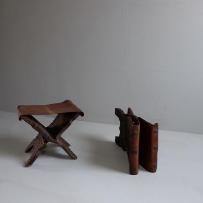 Pair of 1950s Riven Timber Campaign Stools with Leather Seats France