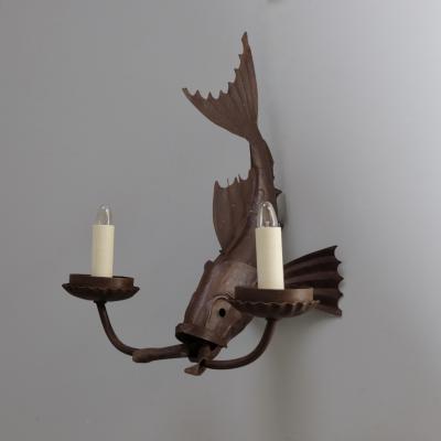 Pair of 1950s pressed iron fish lights