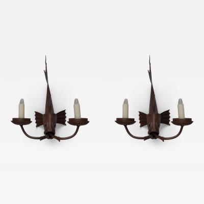 Pair of 1950s pressed iron fish lights