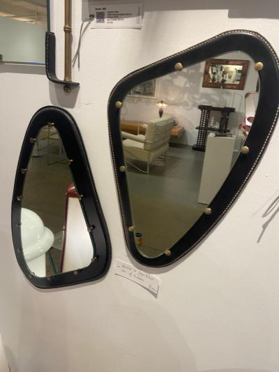 Pair of 1950s stitched leather wall mirror in the style of Jacques Adnet