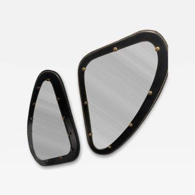 Pair of 1950s stitched leather wall mirror in the style of Jacques Adnet