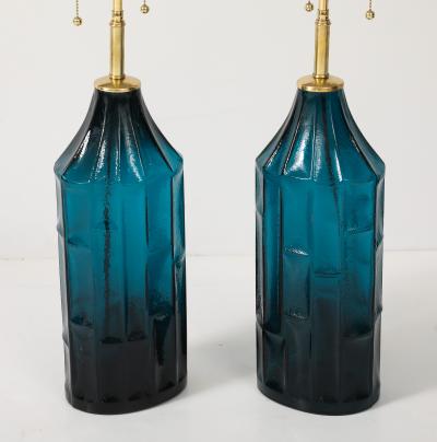 Pair of 1960s Geometric Design Swedish Blue Glass Lamps
