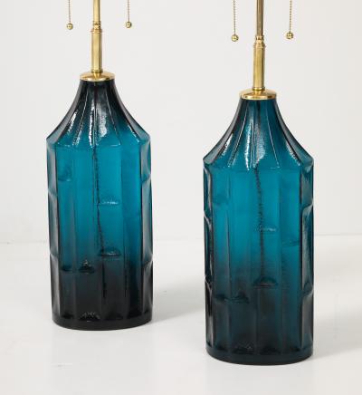 Pair of 1960s Geometric Design Swedish Blue Glass Lamps