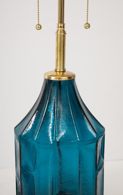 Pair of 1960s Geometric Design Swedish Blue Glass Lamps