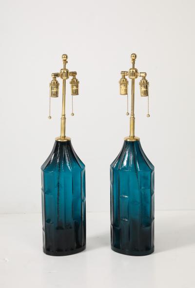 Pair of 1960s Geometric Design Swedish Blue Glass Lamps