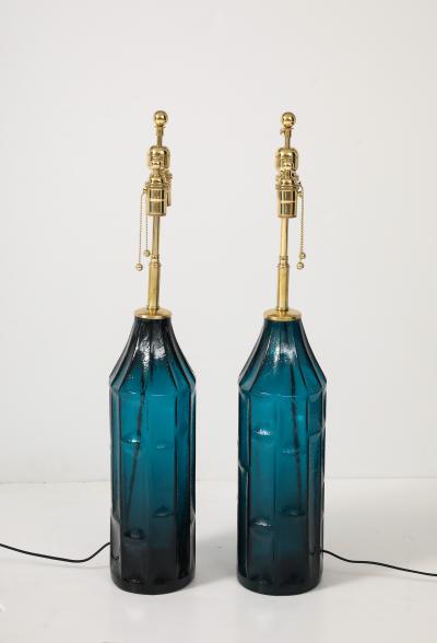 Pair of 1960s Geometric Design Swedish Blue Glass Lamps