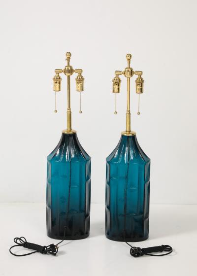 Pair of 1960s Geometric Design Swedish Blue Glass Lamps