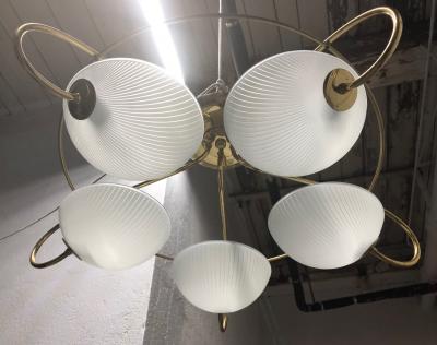 Pair of 1960s Italian Brass and Glass Light Fixtures Chandeliers
