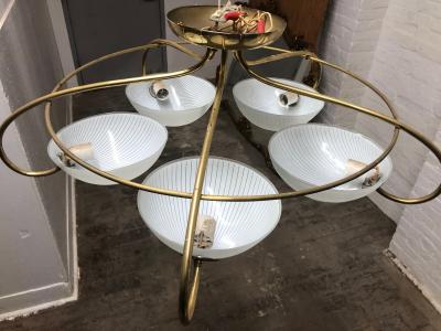 Pair of 1960s Italian Brass and Glass Light Fixtures Chandeliers