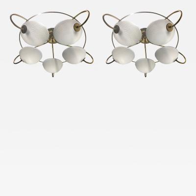 Pair of 1960s Italian Brass and Glass Light Fixtures Chandeliers