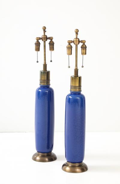 Pair of 1960s Tall Italian Ceramic Lamps with a beautiful Mottled Blue Glaze 