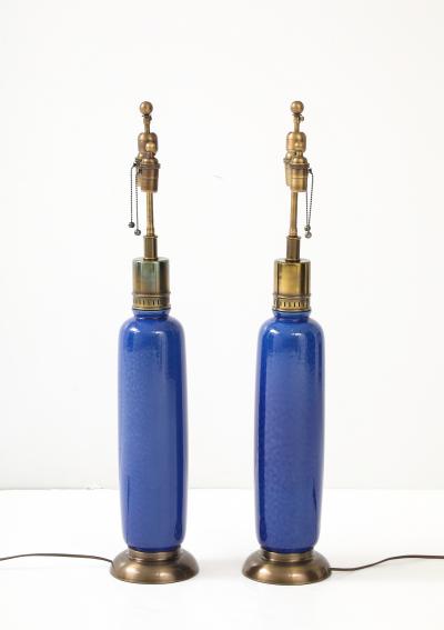 Pair of 1960s Tall Italian Ceramic Lamps with a beautiful Mottled Blue Glaze 
