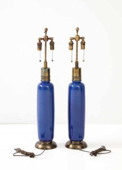 Pair of 1960s Tall Italian Ceramic Lamps with a beautiful Mottled Blue Glaze 
