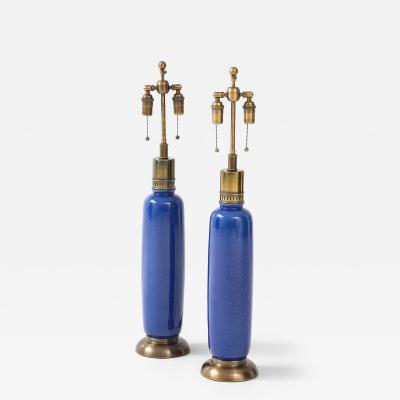 Pair of 1960s Tall Italian Ceramic Lamps with a beautiful Mottled Blue Glaze 