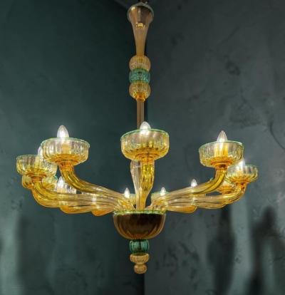 Pair of 1970s Amber and Emerald Chandelier 12 Arms Hand Blown Glass