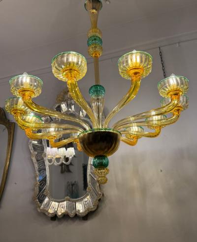 Pair of 1970s Amber and Emerald Chandelier 12 Arms Hand Blown Glass