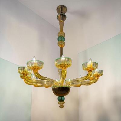 Pair of 1970s Amber and Emerald Chandelier 12 Arms Hand Blown Glass