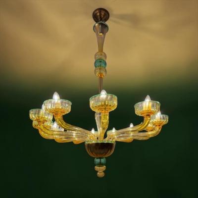 Pair of 1970s Amber and Emerald Chandelier 12 Arms Hand Blown Glass