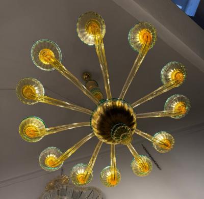 Pair of 1970s Amber and Emerald Chandelier 12 Arms Hand Blown Glass