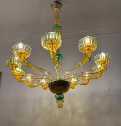 Pair of 1970s Amber and Emerald Chandelier 12 Arms Hand Blown Glass