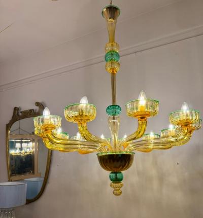 Pair of 1970s Amber and Emerald Chandelier 12 Arms Hand Blown Glass