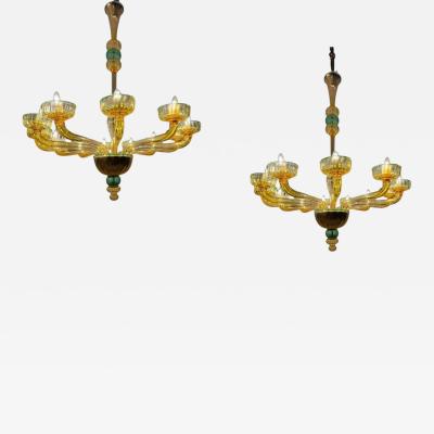 Pair of 1970s Amber and Emerald Chandelier 12 Arms Hand Blown Glass