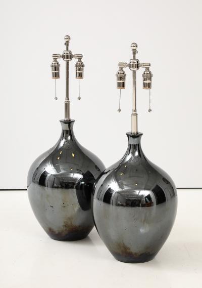 Pair of 1970s Black Nickel Ceramic Lamps