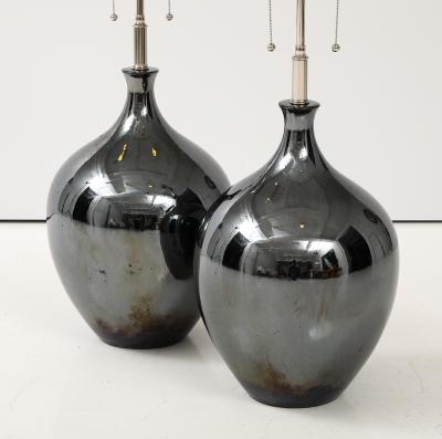 Pair of 1970s Black Nickel Ceramic Lamps