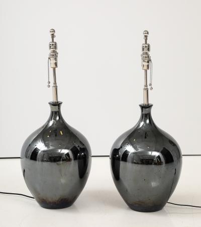 Pair of 1970s Black Nickel Ceramic Lamps
