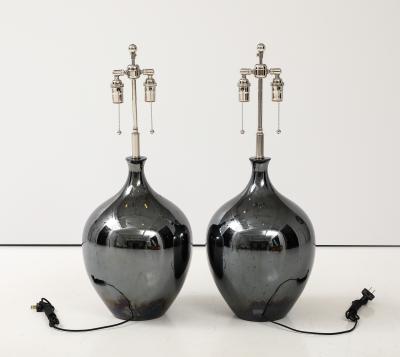 Pair of 1970s Black Nickel Ceramic Lamps