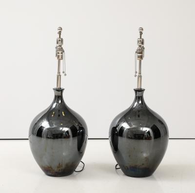 Pair of 1970s Black Nickel Ceramic Lamps