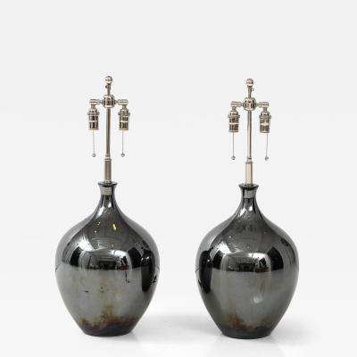 Pair of 1970s Black Nickel Ceramic Lamps