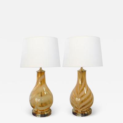 Pair of 1970s Murano Butterscotch Glass Bottle form Lamps with White Swirls