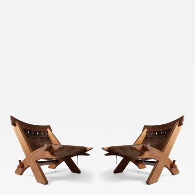 Pair of 1970s Suede and Carved Wood Campaign Chairs France