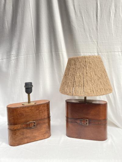 Pair of 1970s leather lamps in the style of Jacques Adnet