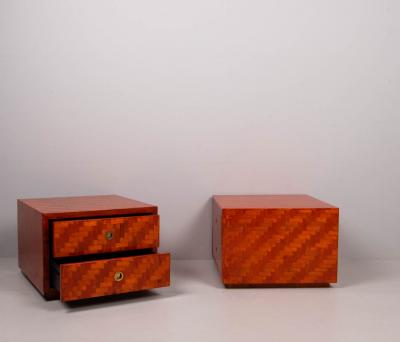Pair of 1970s side tables with drawers lacquered veneered bamboo rattan