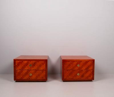 Pair of 1970s side tables with drawers lacquered veneered bamboo rattan