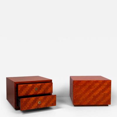 Pair of 1970s side tables with drawers lacquered veneered bamboo rattan