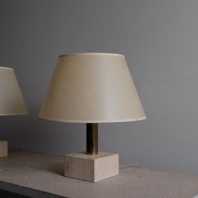 Pair of 1970s travertine and brass table lamps with original shades